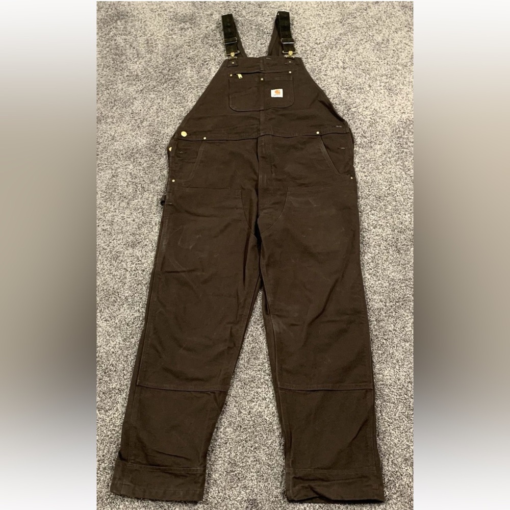 Carhartt Canvas Overalls Men Sz 42x34 Dark Brown Double Knee Bib Stretch Waist